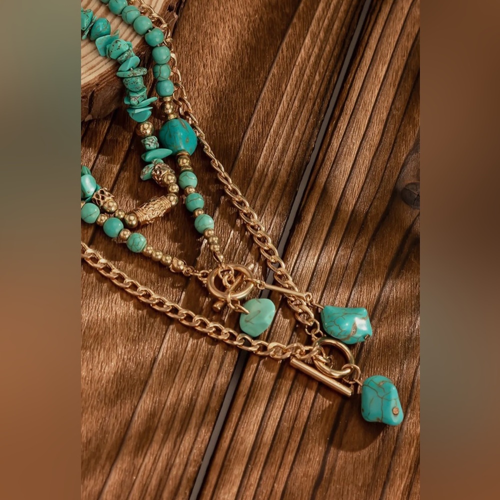 Turquoise and Gold Layered Necklace Set - Picture 4 of 5